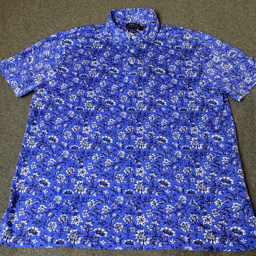 Polo Ralph Lauren Mens Large Custom Slim Fit Floral Polo Shirt Blue Cotton